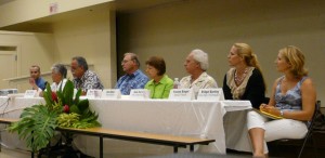 Left to right, Andrew Beerer (KCA moderator), Mary Cochran (BOE Representative)  Bruce Anderson (DOE Area Superintendent),  Barry Wurst (HSTA negotiator),  Senator  Roz Baker,  Gene Zarro (Kihei Charter School),  Yvonne Biegel (Kamali'i Parent), Bridget Bunting (Kihei Elem. PTA Principal)