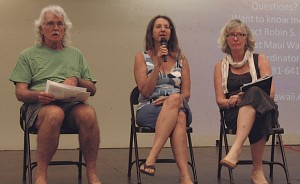 maui-weekly-june-meeting-1 (Left to right) Mike Moran, Robin Knox and Irene Bowie addressed questions related to water quality and usage on Maui at the June 15 K?hei Community Association meeting